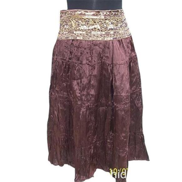 Cache Brown Silk like Boho Hand Sewn Sequins Crinkle Lined Skirt New NWT $138 - Picture 2 of 9